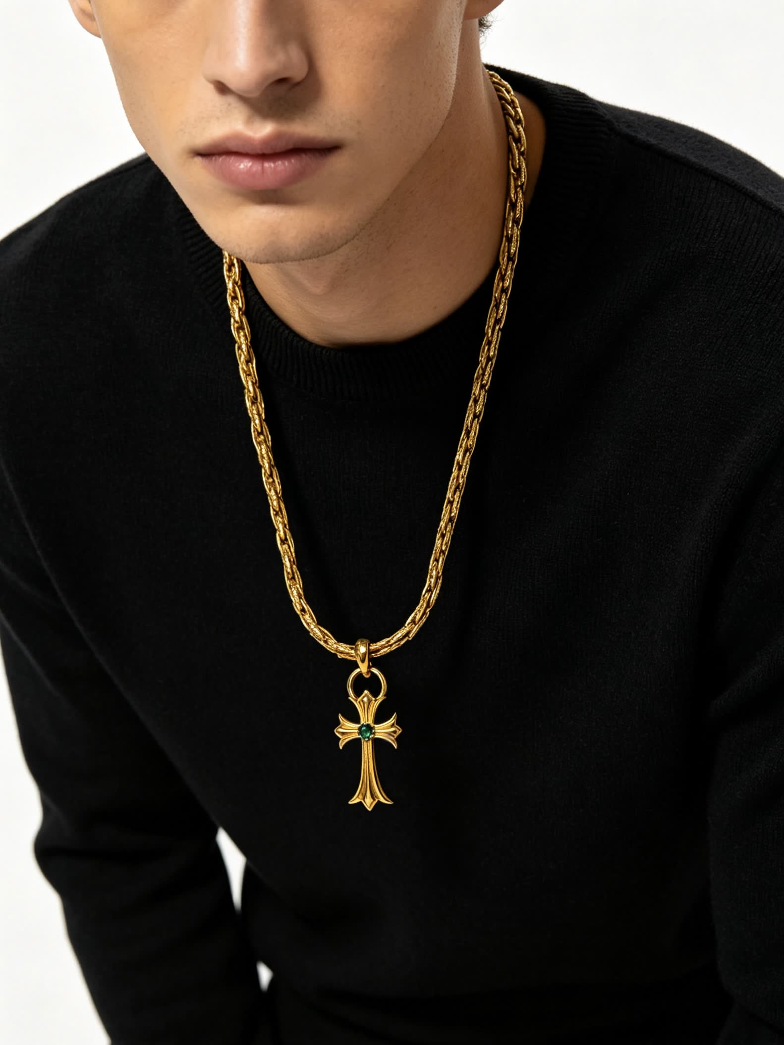 Chrome Hearts Gold Cross Pendant Necklace with Emerald
